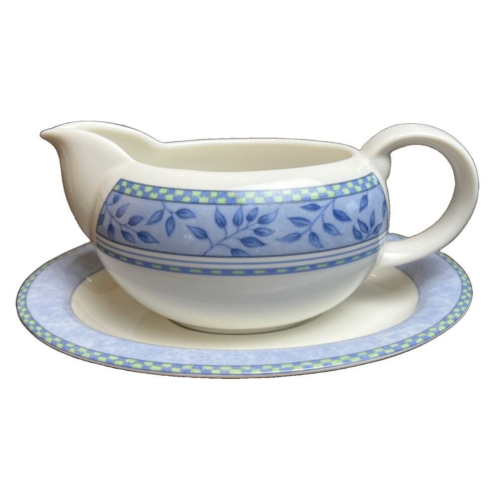 Royal Doulton Expressions RIVOLI Sauce Gravy Boat & Stand Plate Blue Green Check